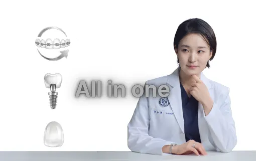 교정 장치·임플란트·크라운을 위아래로 늘어놓은 안내 이미지와 의료진